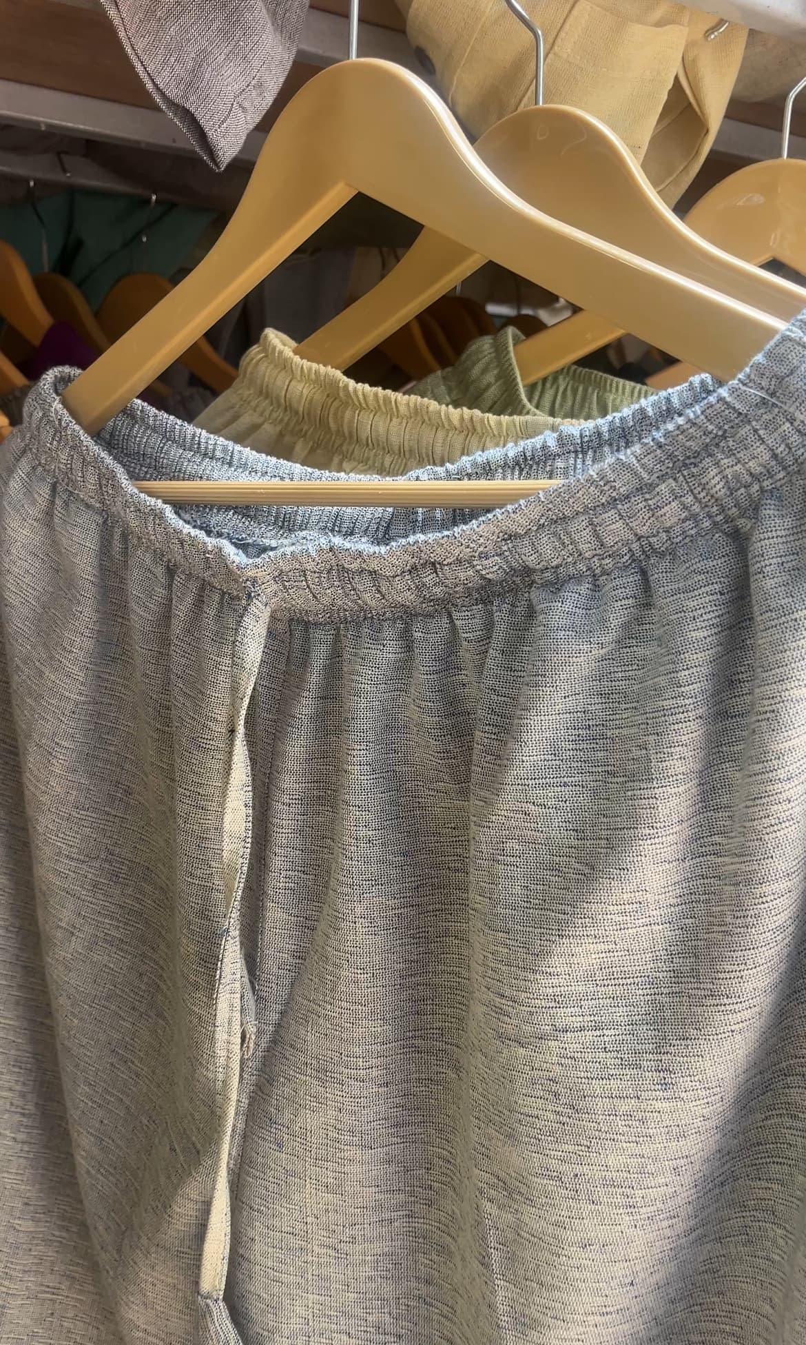 Close view of textured hemp trousers